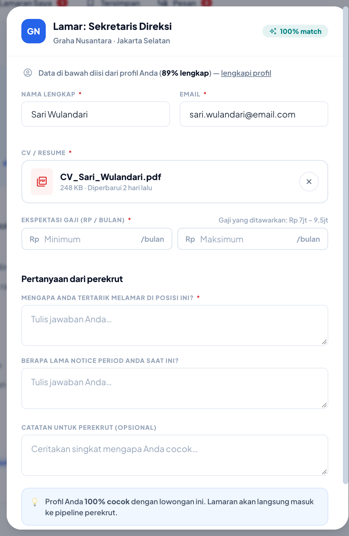 Dialog mengirim lamaran